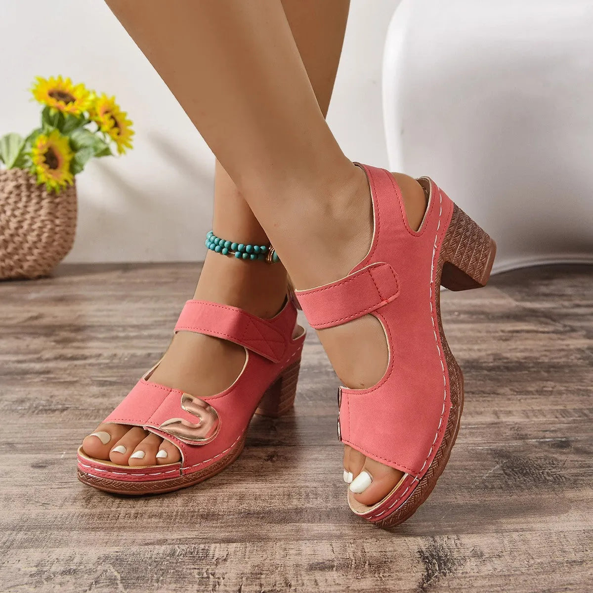 Velcro Roman sandals with round toe design in light brown colour