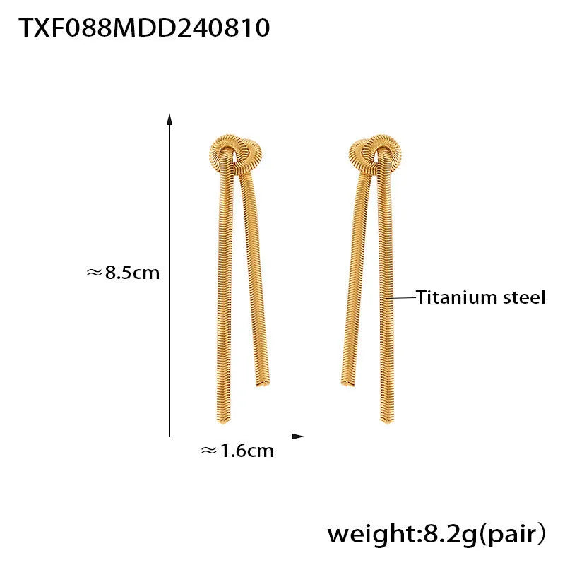 Gold electroplated titanium steel necklace with knotted tassel pendant and matching earrings