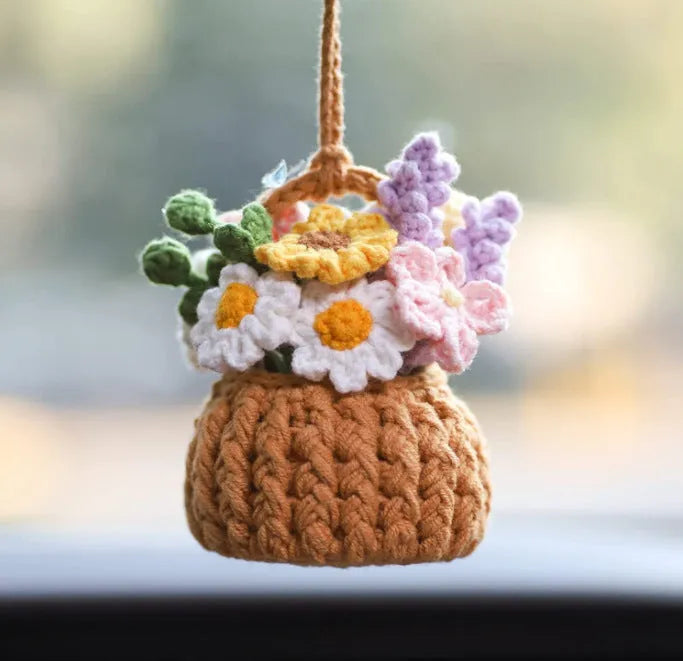 Green and white crochet car plant ornament with 25cm white hanging rope on 8cm basin base