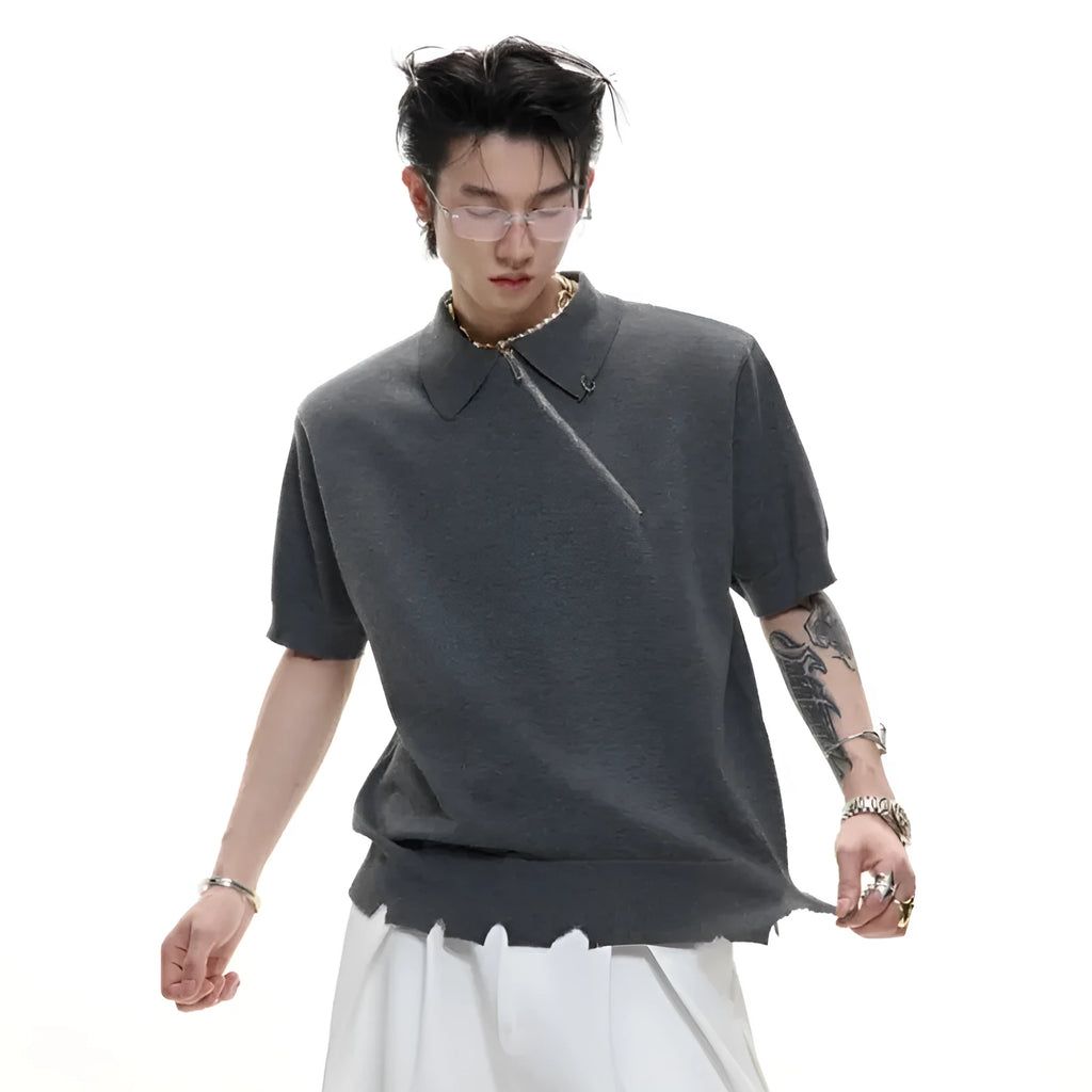 Men's black slim-fit knitted polo shirt with short sleeves and a diagonal oblique zipper
