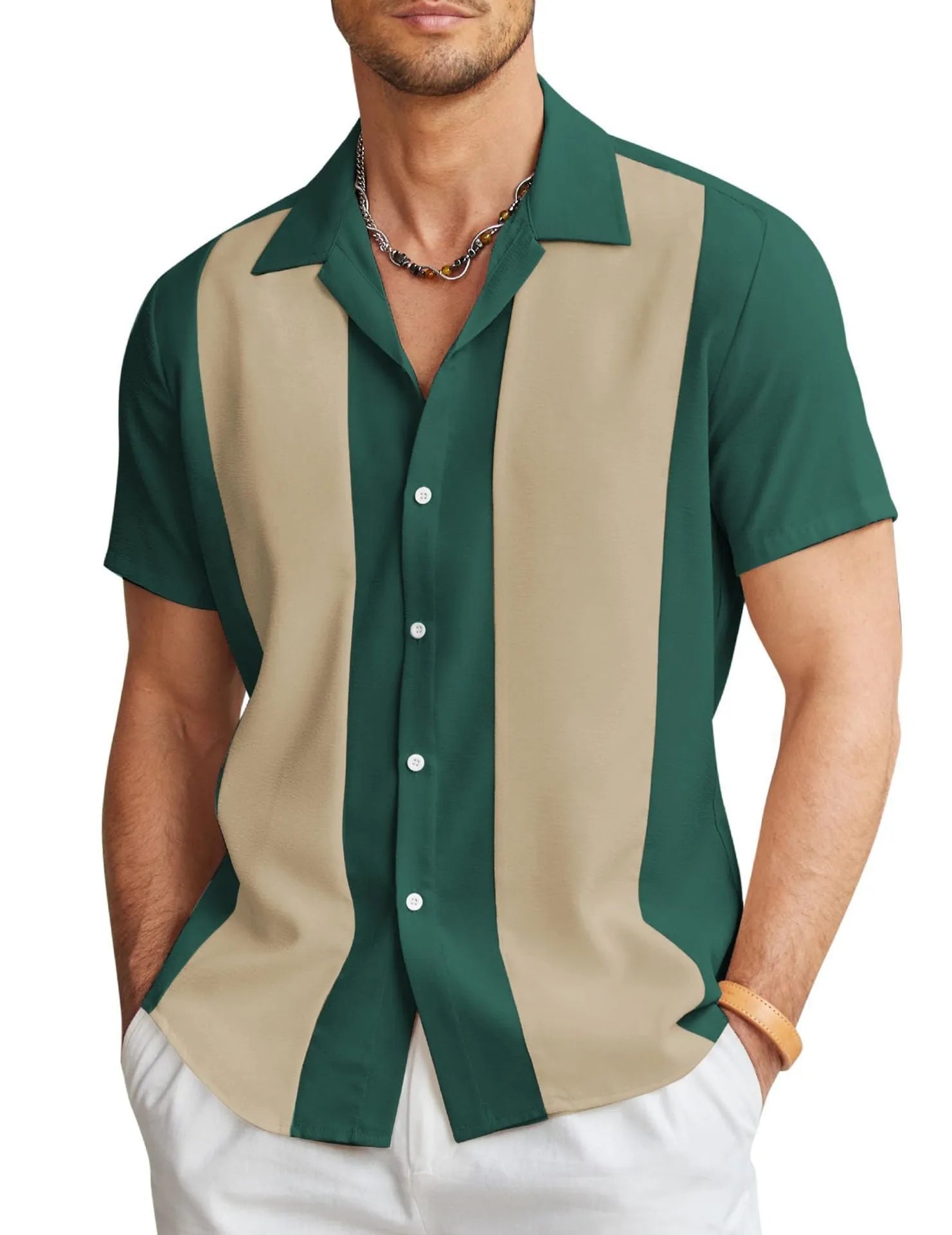 Men's slim fit Hawaiian short sleeve shirt with digital printing on elastic polyester fabric