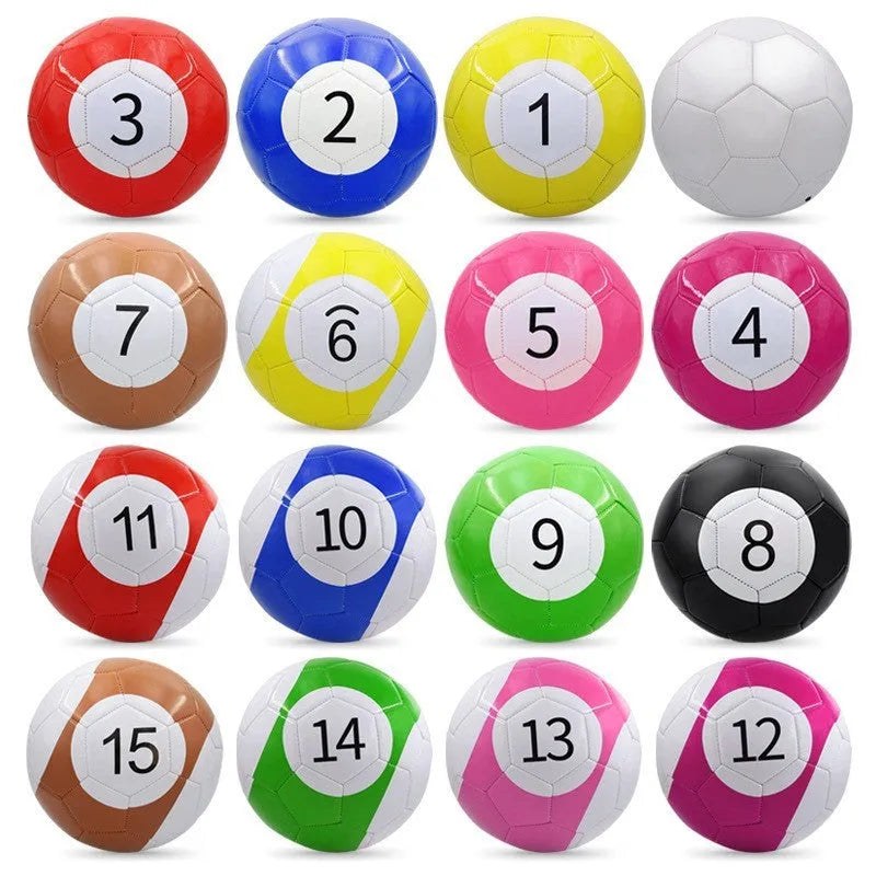 Machine-sewn PVC football in sizes 3, 4, and 5 shown in various colour patterns including red dragon roll and tornado blue.