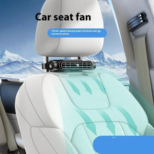 USB car fan with no-blade design mounted on vehicle seat using Velcro fixation in 2024 CF03 colour options