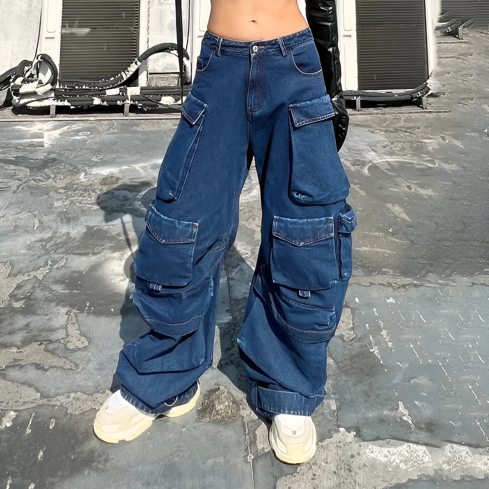 Dark blue distressed wide-leg women's jeans with high waist and multiple utility pockets