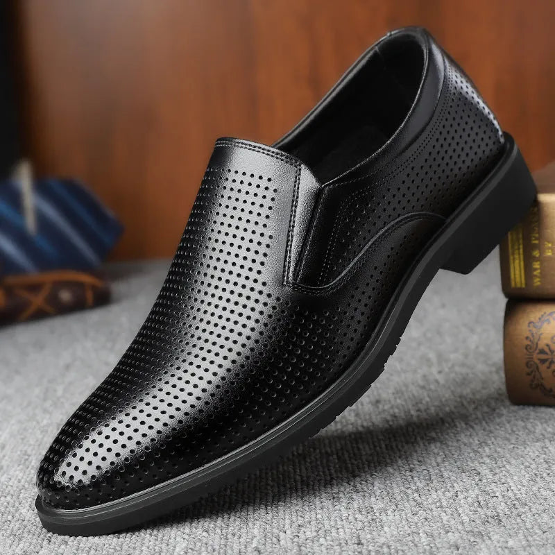 Men's black leather slip-on business casual shoes with rubber sole and low top design