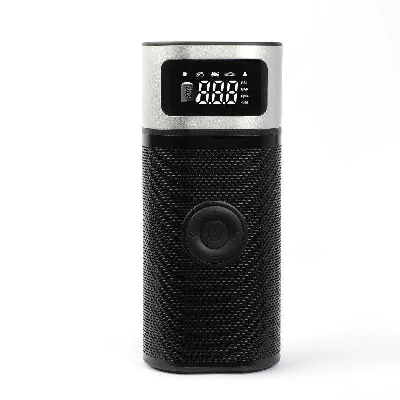 Black portable wireless smart air pump with LED light, 15cm tube, and multiple nozzle attachments