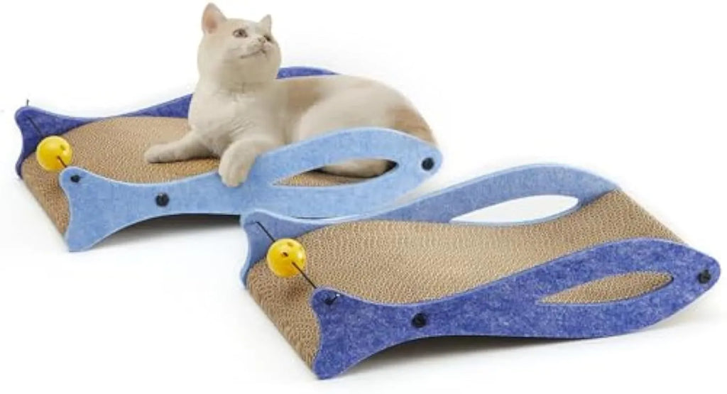 Blue fish-shaped cat scratcher with corrugated paper surface, bell toys, and wavy lounge area