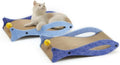 Blue fish-shaped cat scratcher with corrugated paper surface, bell toys, and wavy lounge area