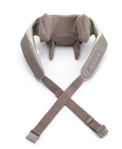 Milky white rechargeable shoulder and neck kneading massager with infrared function.