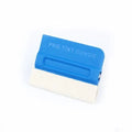 Car vinyl wrap scraper tool with a blue faux deerskin head and black ABS plastic handle.