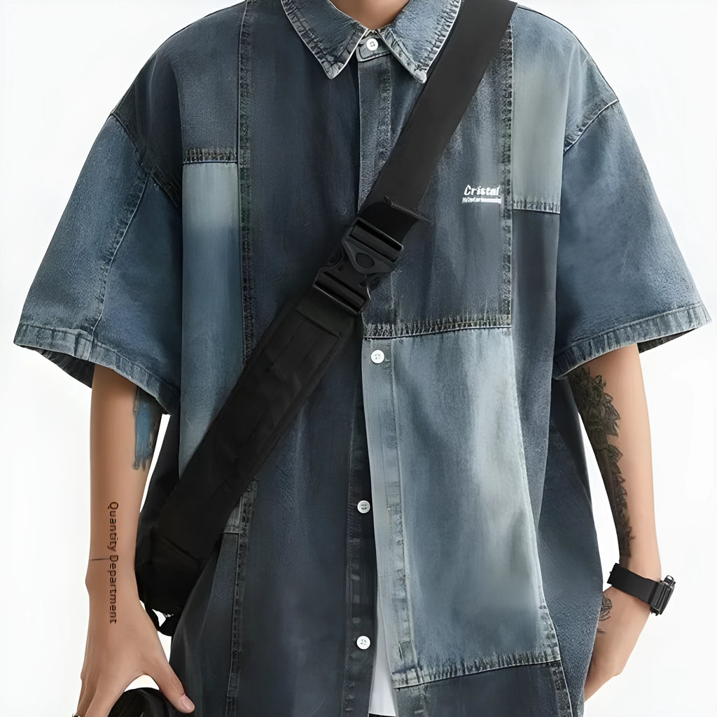 Blue Japanese-style retro denim shirt with washed stitching in loose cardigan cut for men