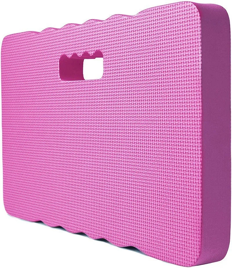 Blue EVA foam garden kneeler pad with handle on grass, dimensions 45cm by 28cm.