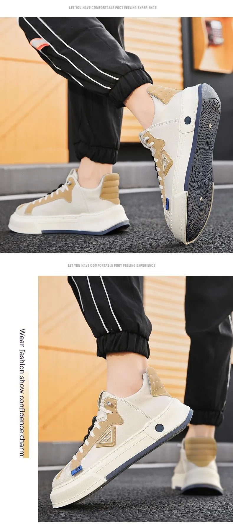 Men's beige low-top casual sneakers with elastic band closure and round toe.