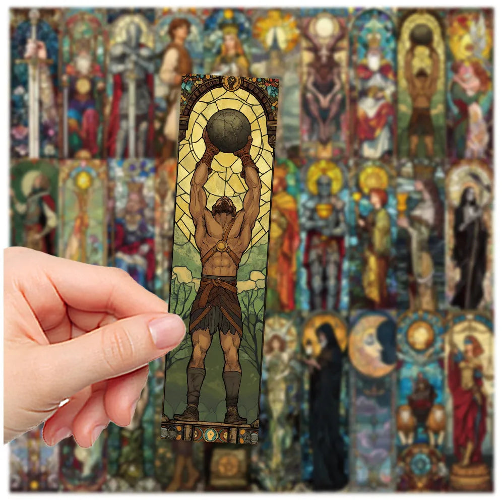 Pack of 30 tarot-themed paper bookmarks with painted glass style artwork.