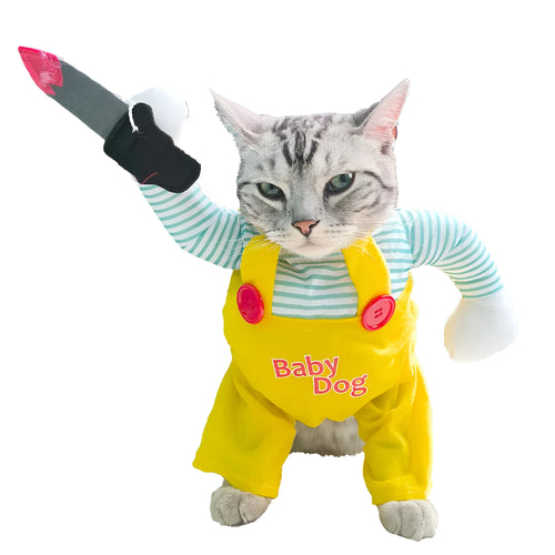 Yellow sword assassin themed cat costume in polyester fabric showing front design