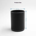 Round black leather pen container measuring 8.0cm diameter and 10.8cm height