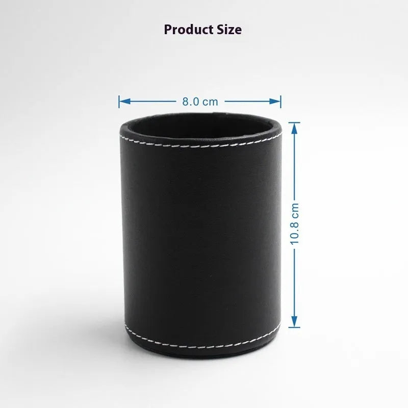 Round black leather pen container measuring 8.0cm diameter and 10.8cm height