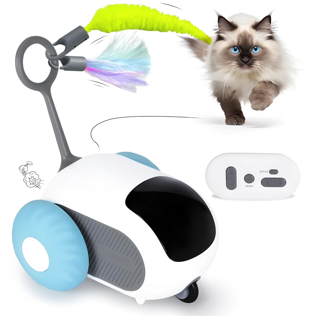 Blue smart cat toy car with feather teaser and remote control unit