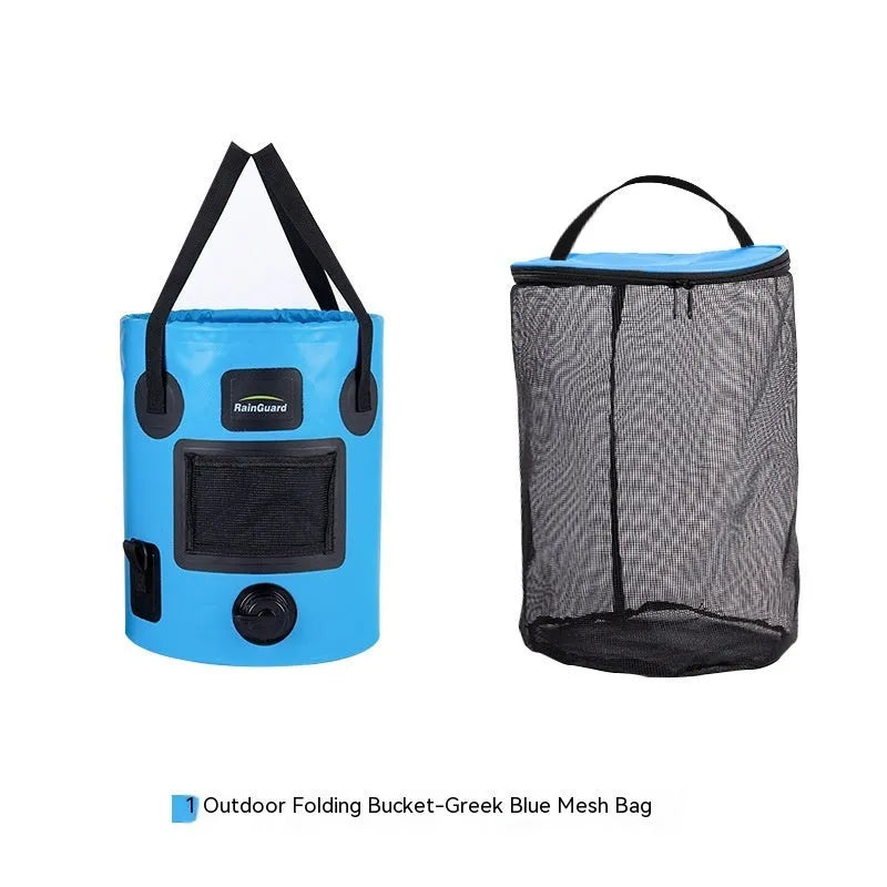 Yellow folding plastic fishing bucket shown open and collapsed, 25 litre capacity.