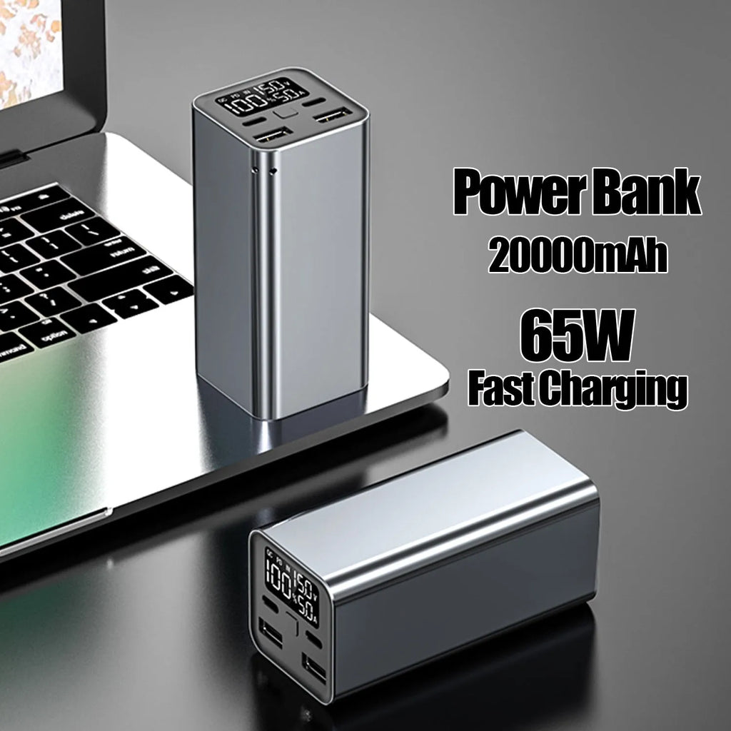 Black high power 65W metal laptop charging bank showing size and ports.