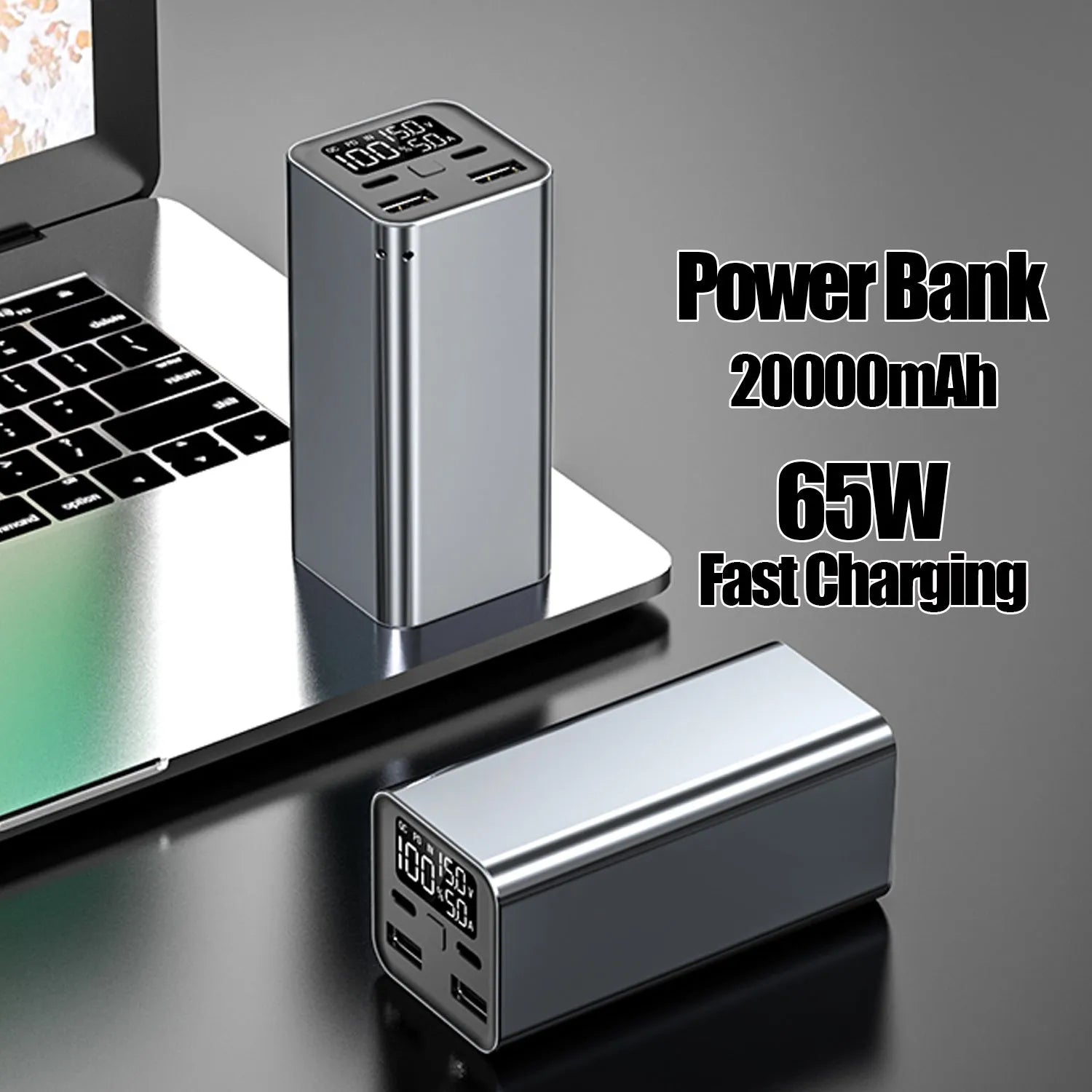 Black high power 65W metal laptop charging bank showing size and ports.
