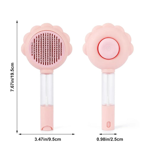 Self-cleaning spray cat grooming brush with stainless steel bristles in grey, green, and pink colour options.