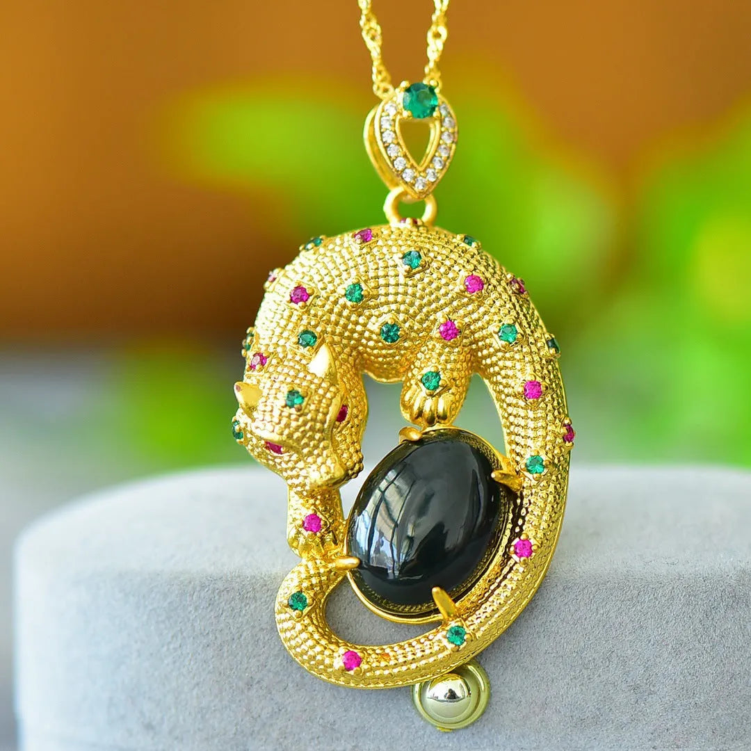 Gray Hetian jade pendant with copper inlay detailing on necklace chain