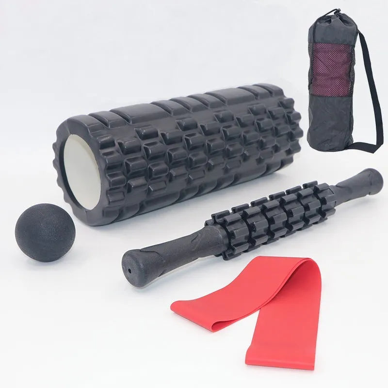 Black 33cm foam roller with six gear massage accessories for fitness recovery