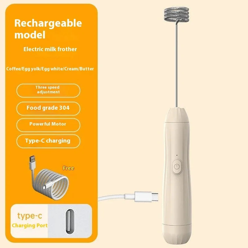 Mini handheld electric milk frother in black, white, or khaki colour with stainless steel whisk and USB port.
