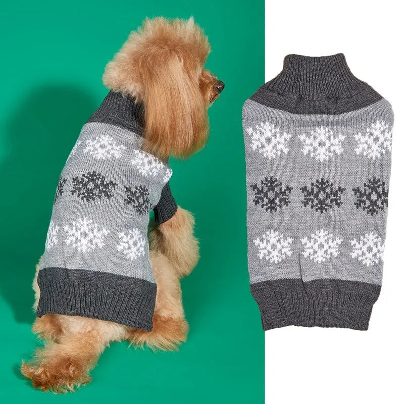 Dog wearing snowflake-patterned Christmas sweater in acrylic knit fabric