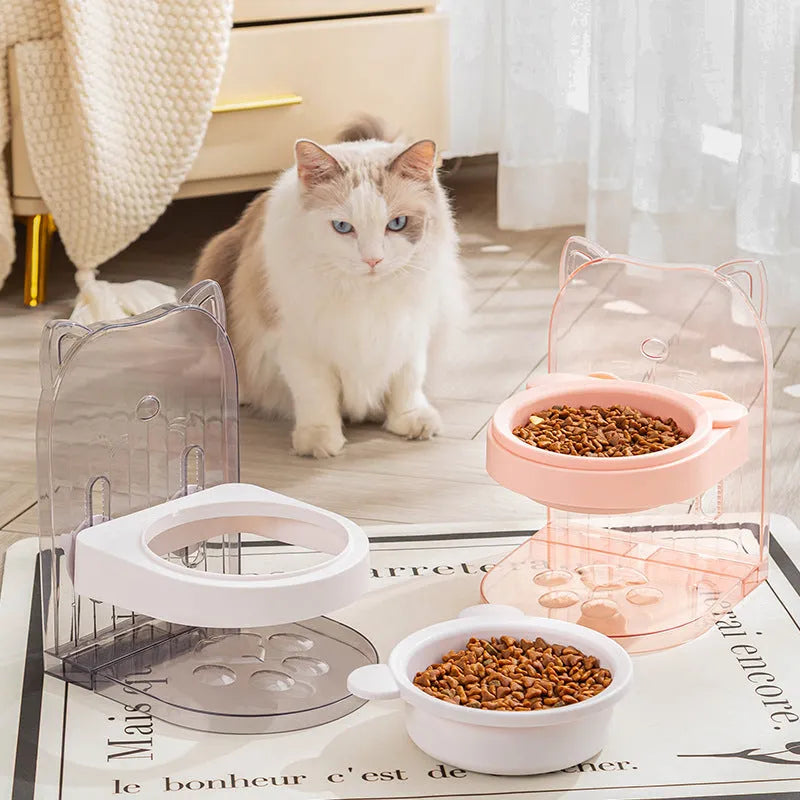 Grey cat ear design pet bowl with removable hanging cage attachment on white background