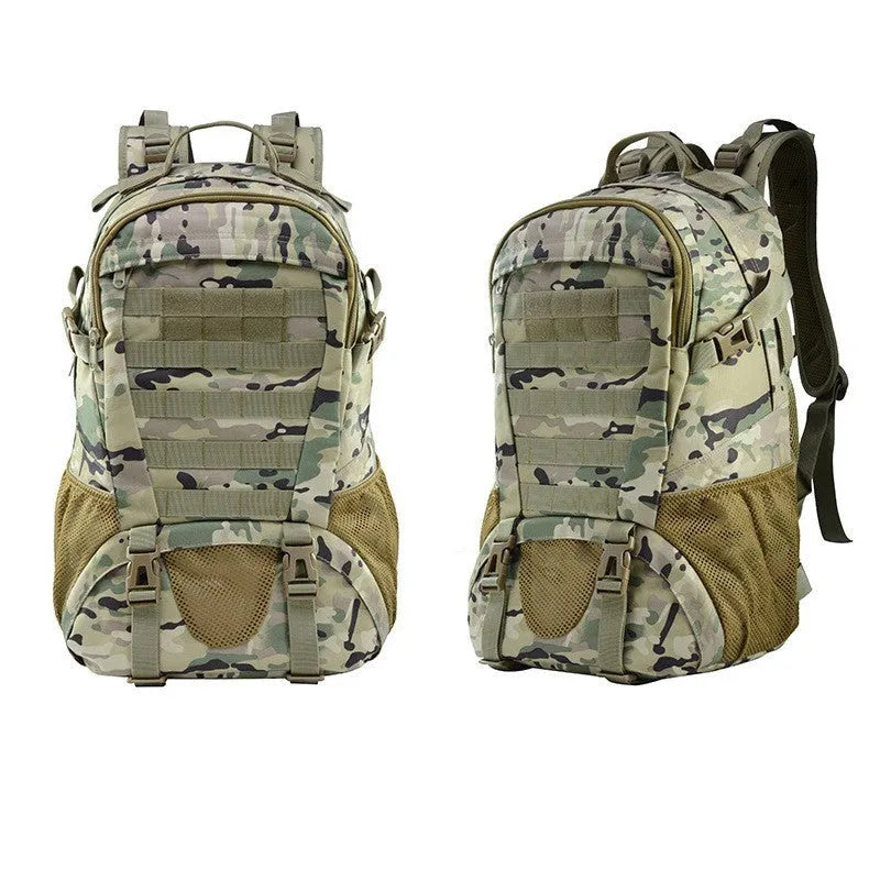Green Oxford cloth mountaineering backpack with air pillow belt, shown with a large main compartment.