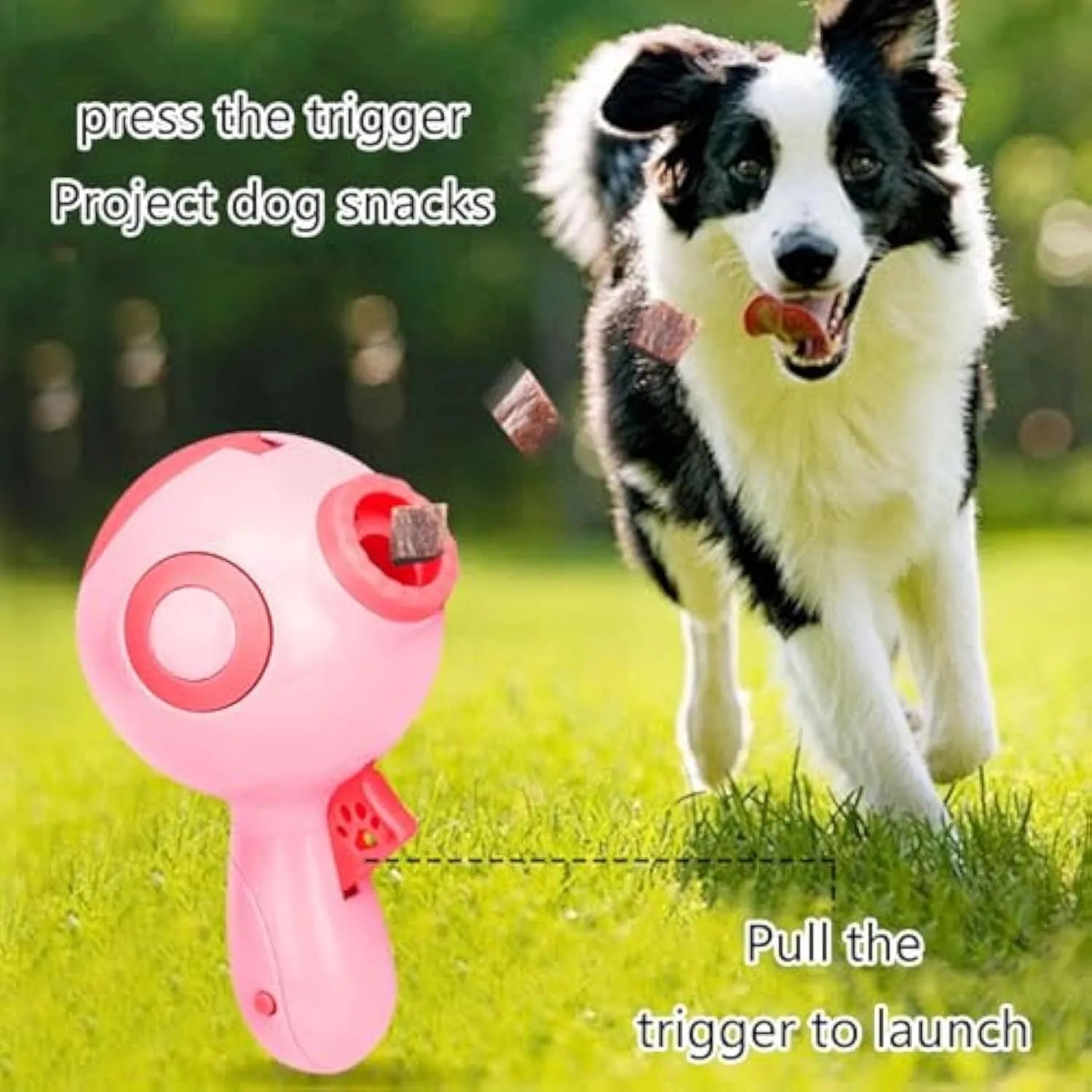 Dog treat launcher toy in green, orange, or pink colours measuring 15.5 x 9 x 8.5 cm