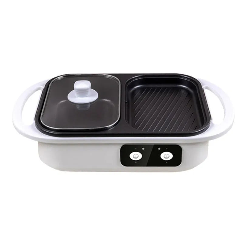 White or green dual-function electric cooking appliance serving as both hot pot and frying oven