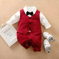Wine red cotton baby boy romper suit with long sleeves and single-breasted buttons.