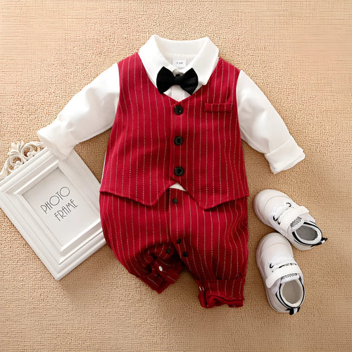 Wine red cotton baby boy romper suit with long sleeves and single-breasted buttons.