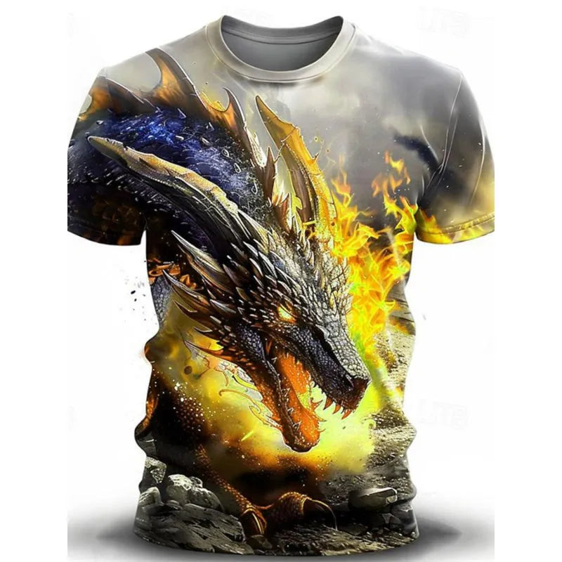 Men's grey t-shirt with a large 3D wind dragon graphic print on the front.
