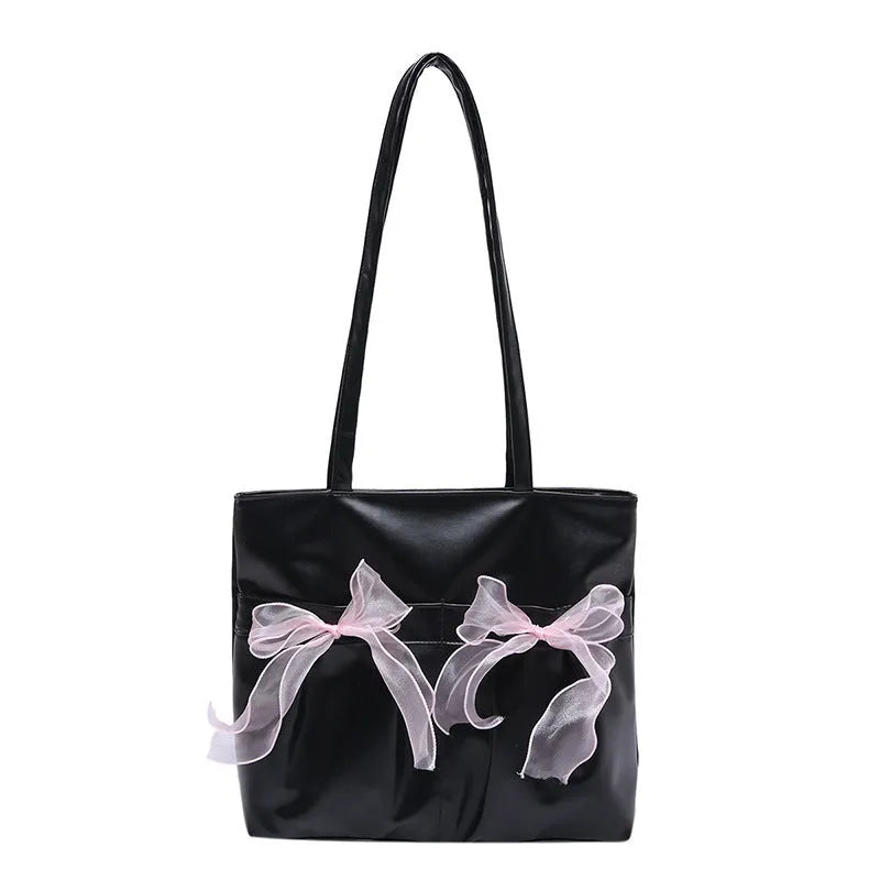 Black college-style bow tote bag with double shoulder straps and zippered compartment