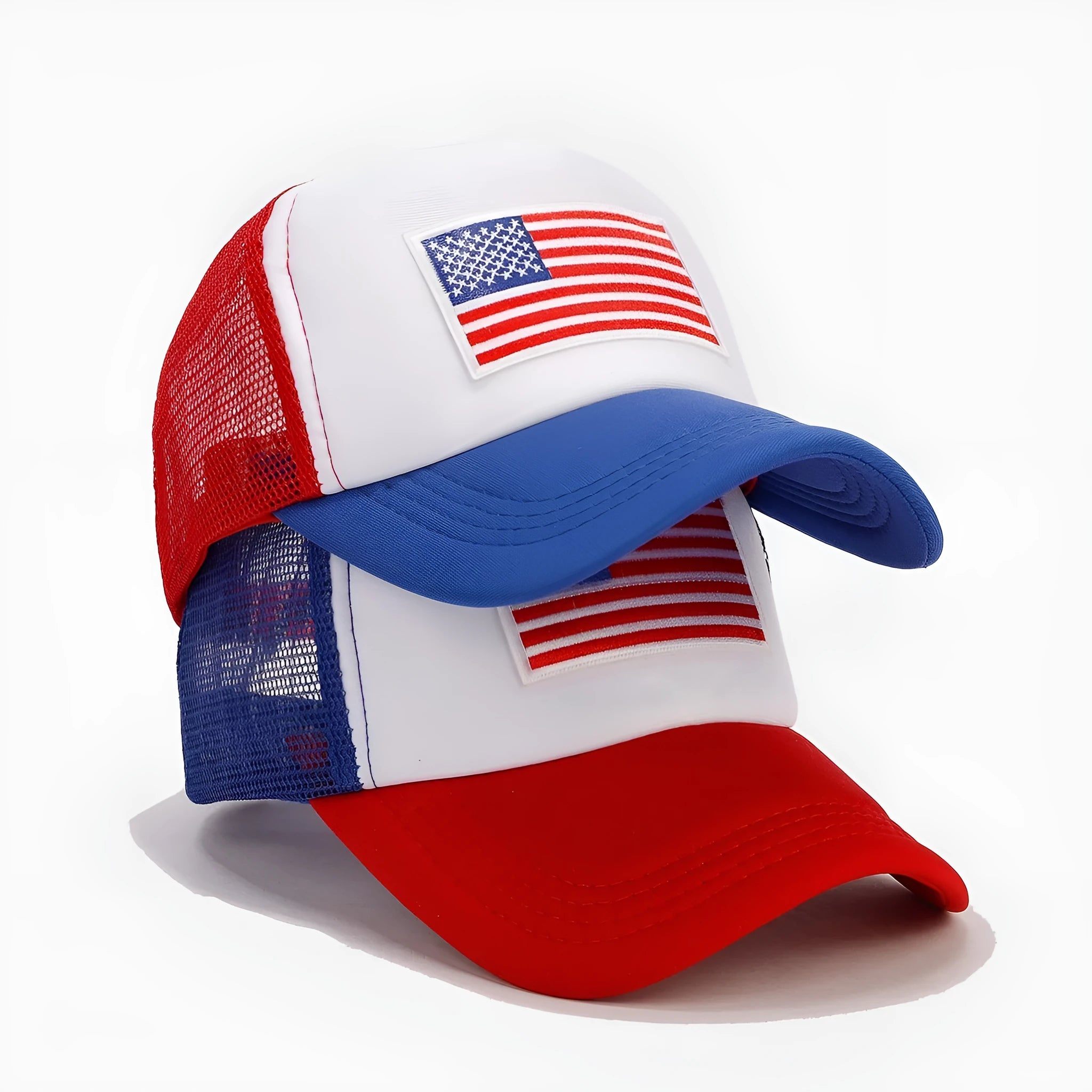 Red and blue contrast colour baseball cap with adjustable strap and mesh panels