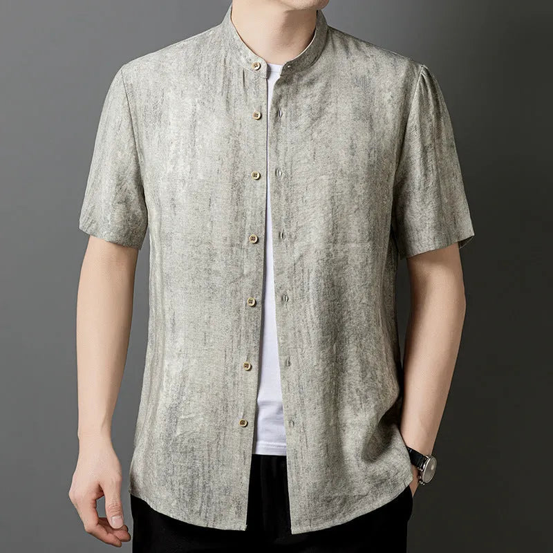Men's loose fit short sleeve linen cardigan shirt with stand collar in black grey colour
