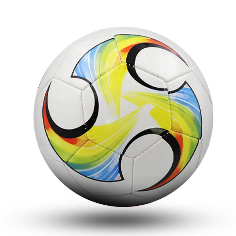 Machine-sewn PVC football in sizes 3, 4, and 5 shown in various colour patterns including red dragon roll and tornado blue.
