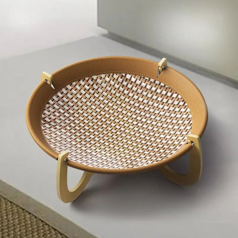Brown woven rattan pet hammock bed measuring 46cm square with elevated design for cats and dogs