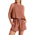Women's summer two-piece set with sleeveless top and drawstring shorts in five colour options