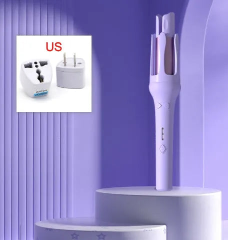 White automatic hair curler with 32mm barrels showing pink and purple colour options