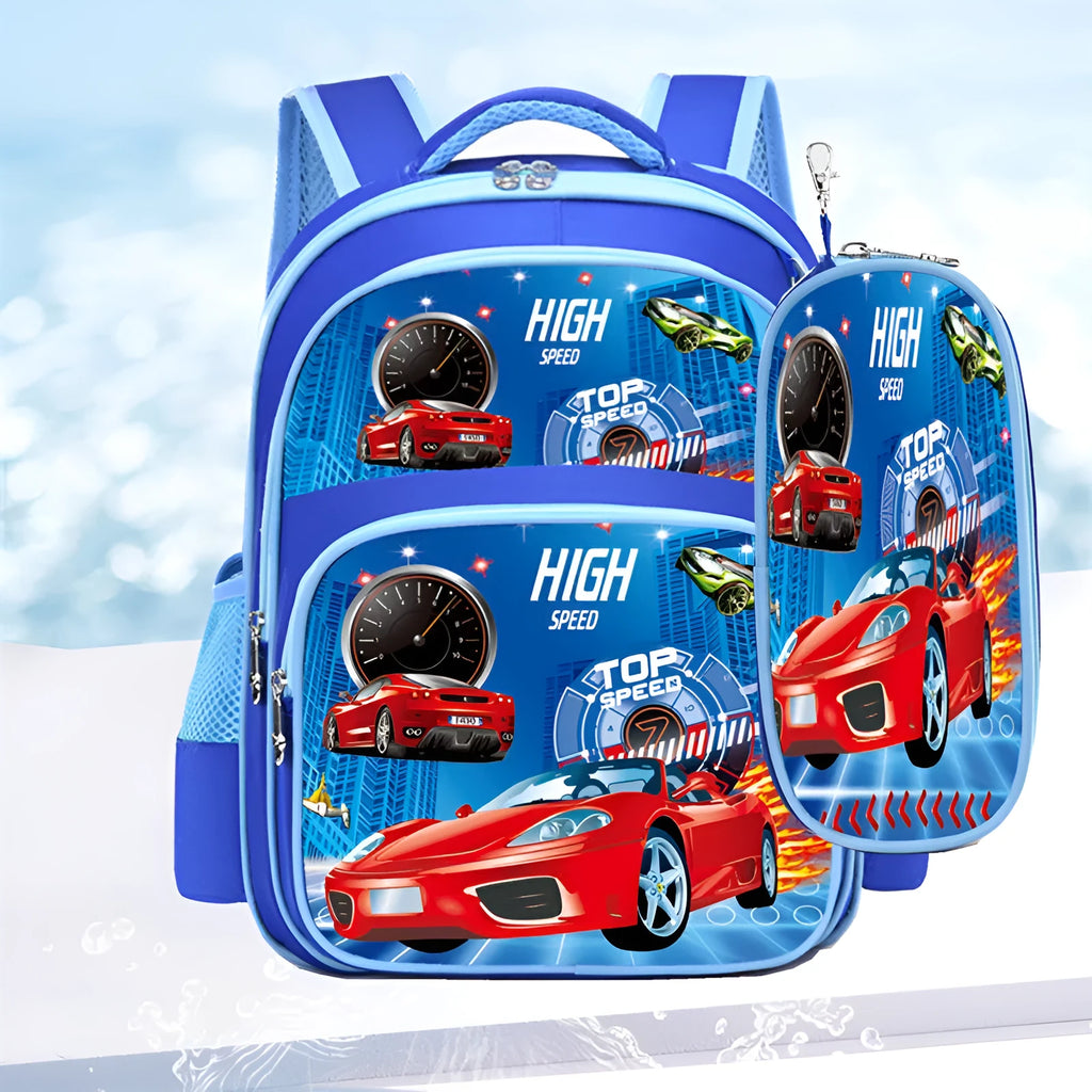 Blue cartoon anime nylon school backpack for children with pencil case, shown with dimensions 30x14x42cm.