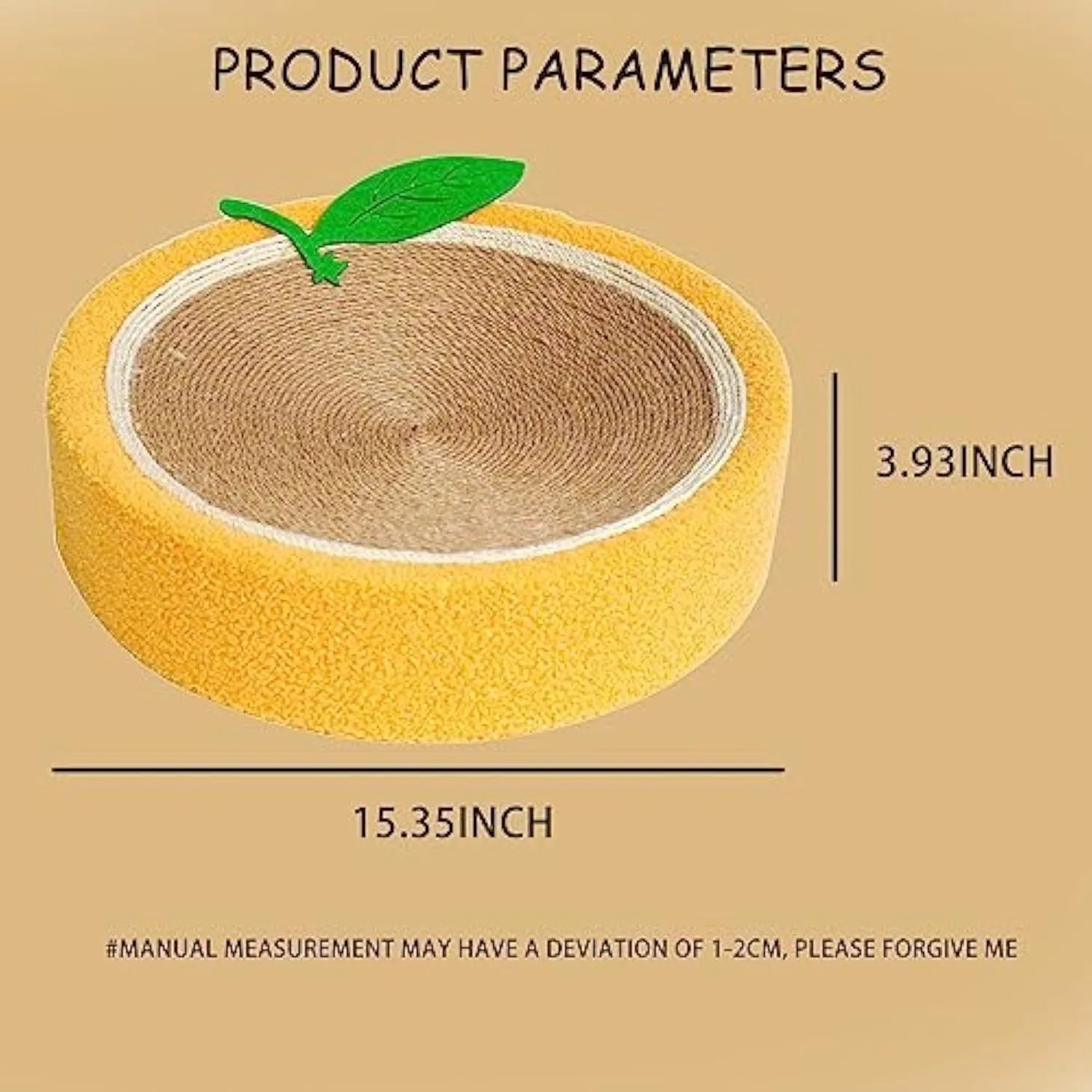 Yellow round sisal cat scratching board with integrated sleeping area for small breed cats