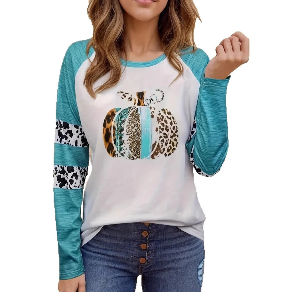 Sky blue Halloween T-shirt with pumpkin digital printing, regular fit and long sleeves