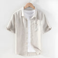Men's short sleeve linen shirt with square collar in raw jute colour, cardigan style