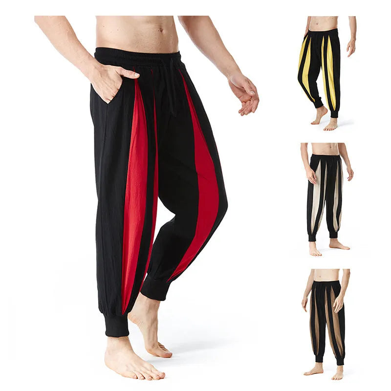 Men's straight-leg casual trousers in red, khaki, yellow, or brown colours with ordinary thickness polyester fabric