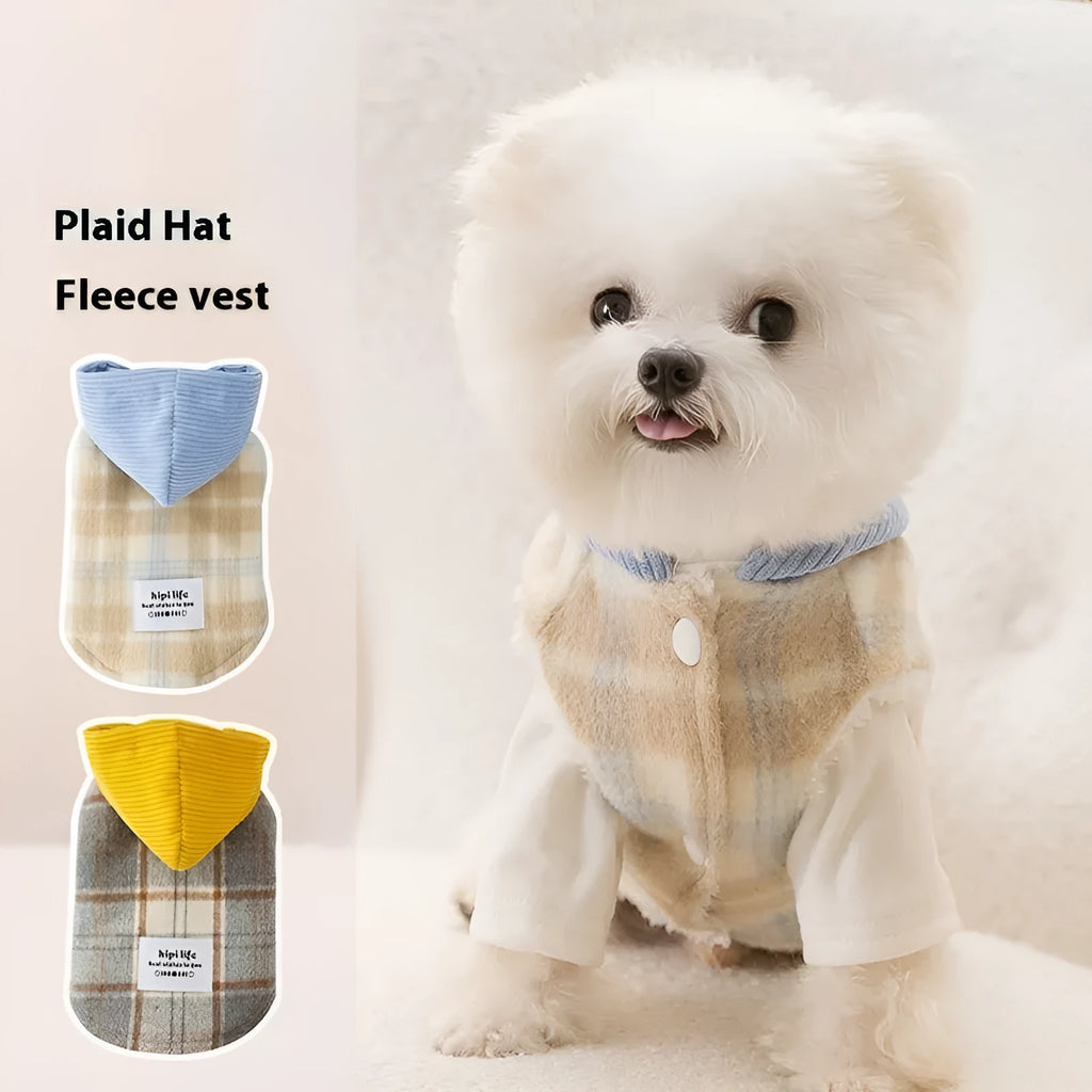Blue corduroy chessboard grid hooded vest for dog on autumn background